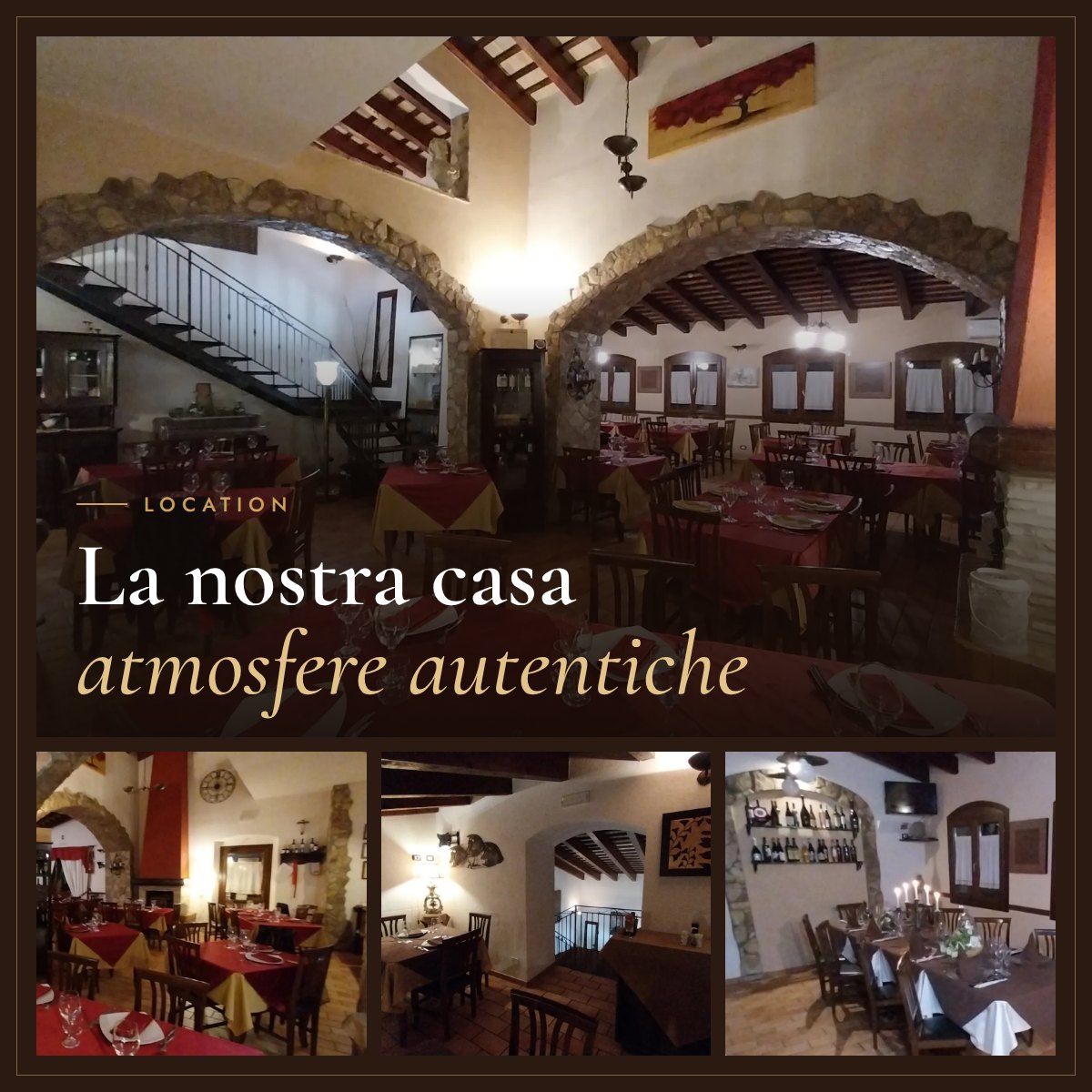 La Collinetta: la sala con gli archi in pietra, il soppalco e l'angolo dei vini